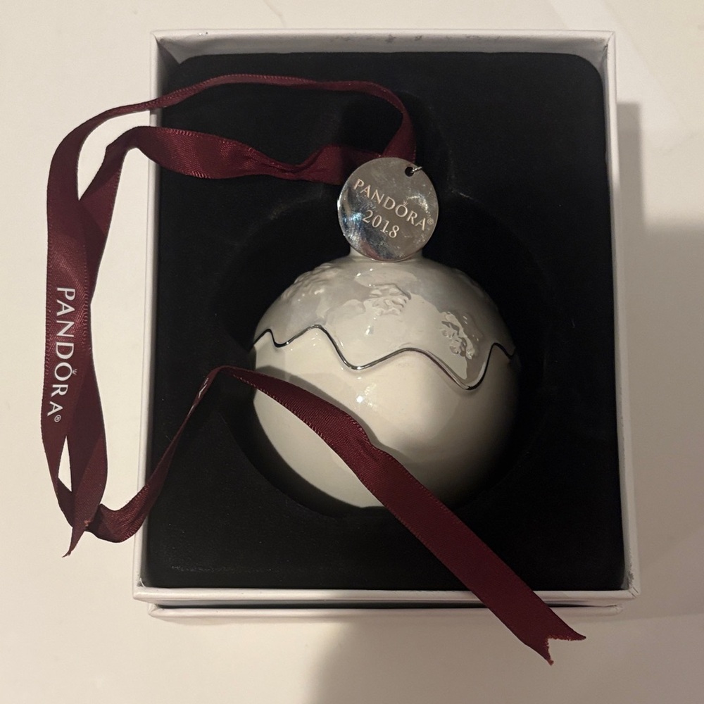 Pandora 2018 White Ornament with Burgundy Ribbon